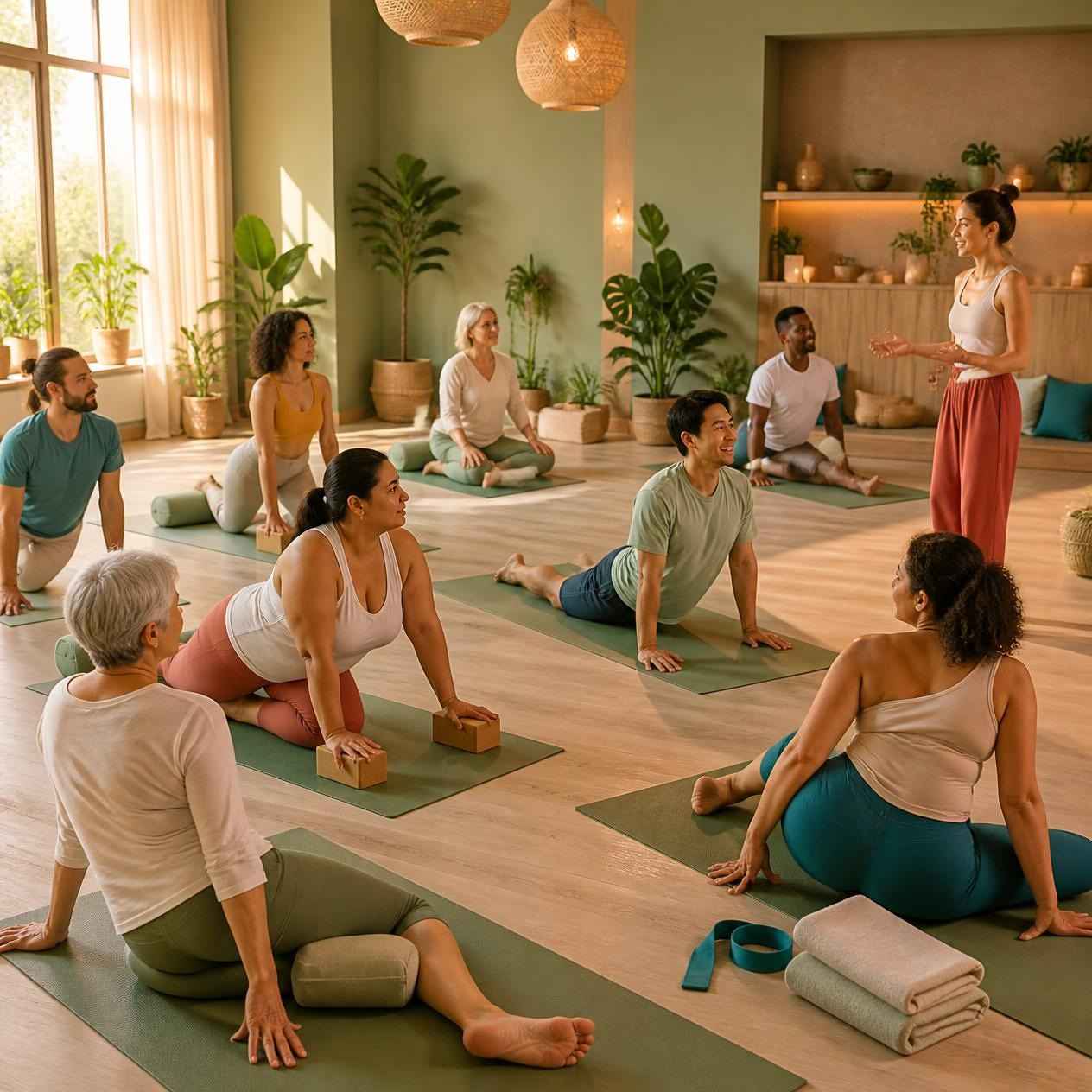 Cours de yoga collectif dans un studio baigné de soleil, avec des participants sur leurs tapis qui suivent les consignes.