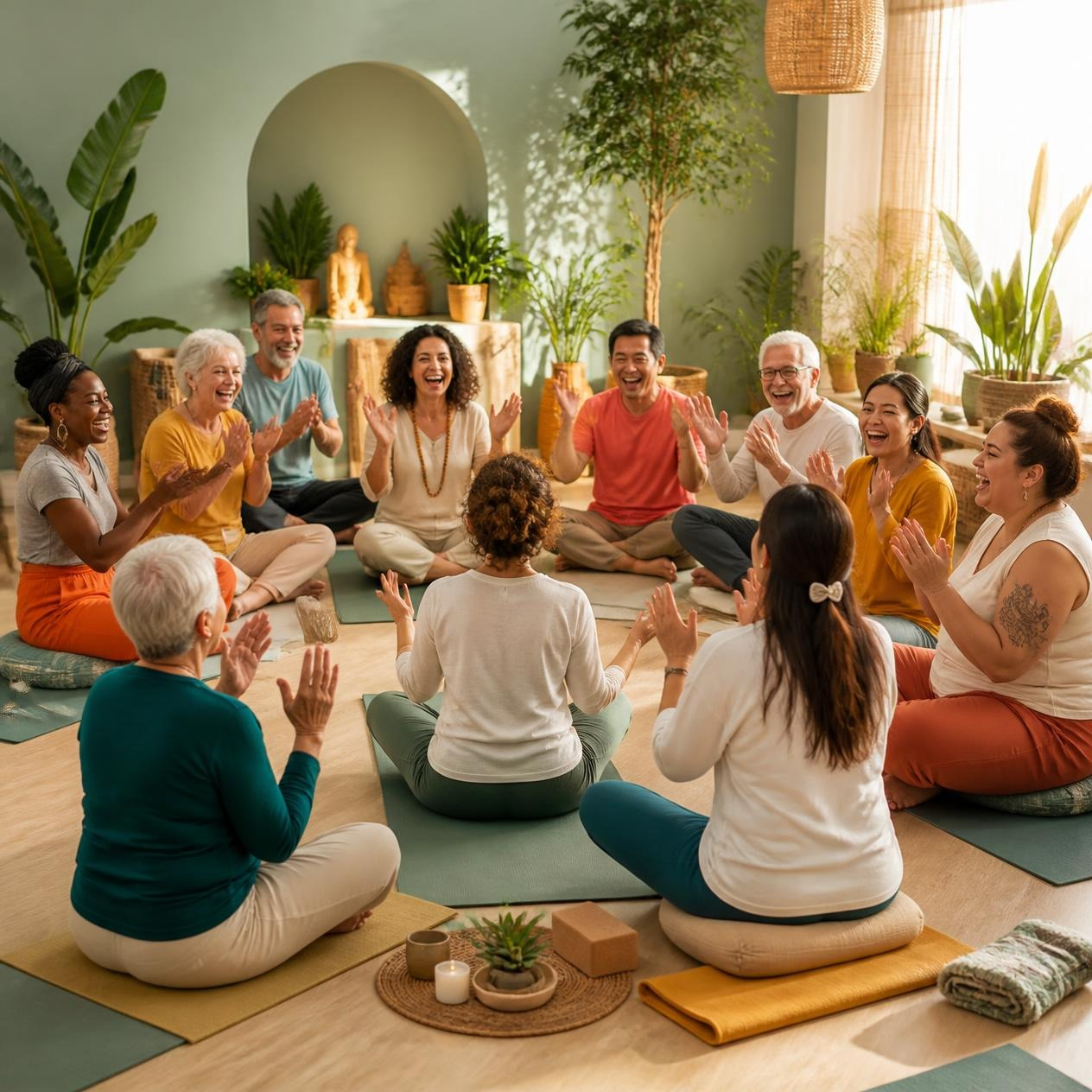 Groupe de personnes assises dans un studio de yoga lumineux, qui applaudissent et méditent en cercle