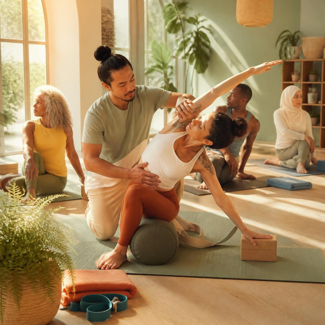 Un professeur de yoga aide un élève dans un studio lumineux, tandis que d’autres pratiquent sur des tapis à proximité.