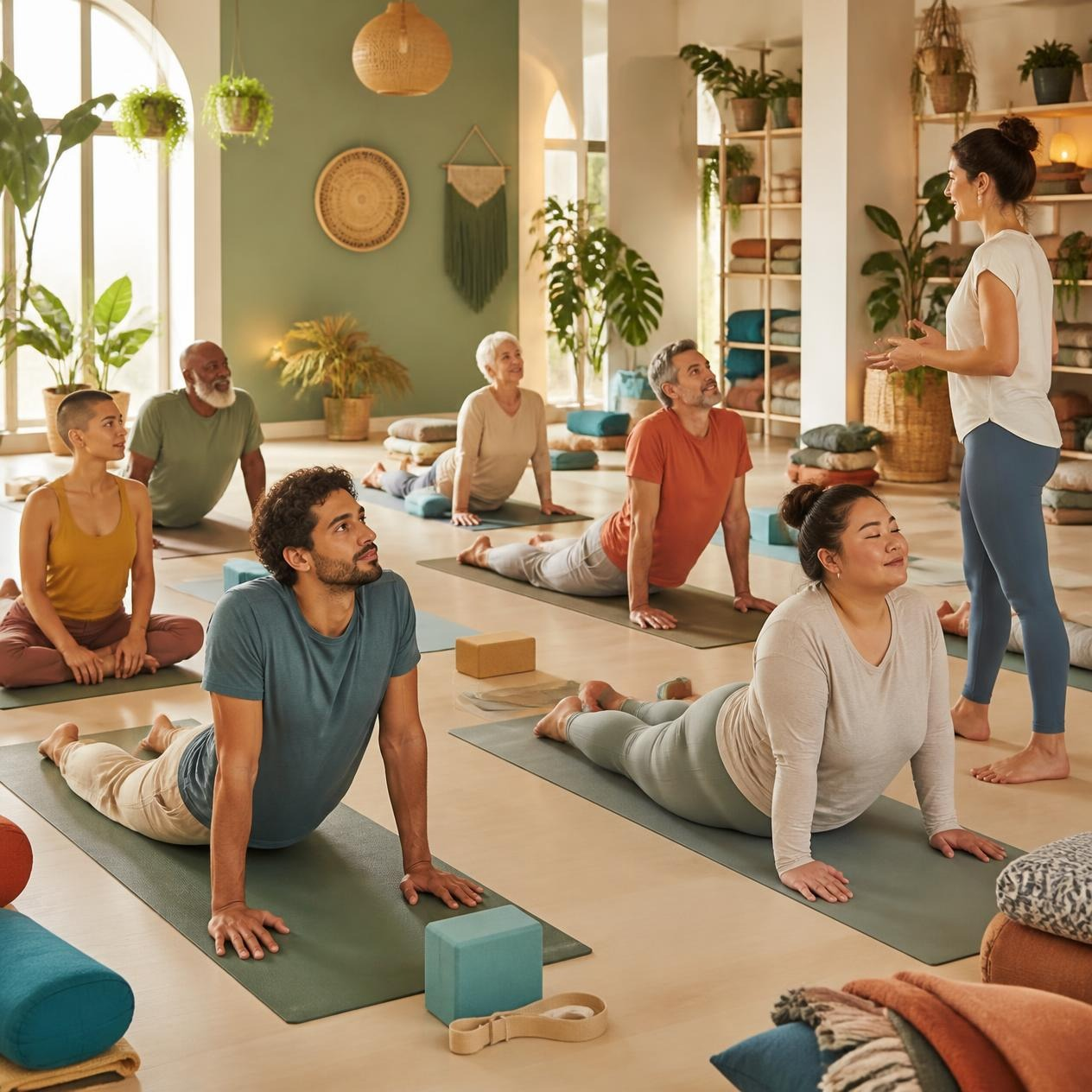Cours de yoga dans un studio lumineux, avec des personnes qui pratiquent des postures sur des tapis.