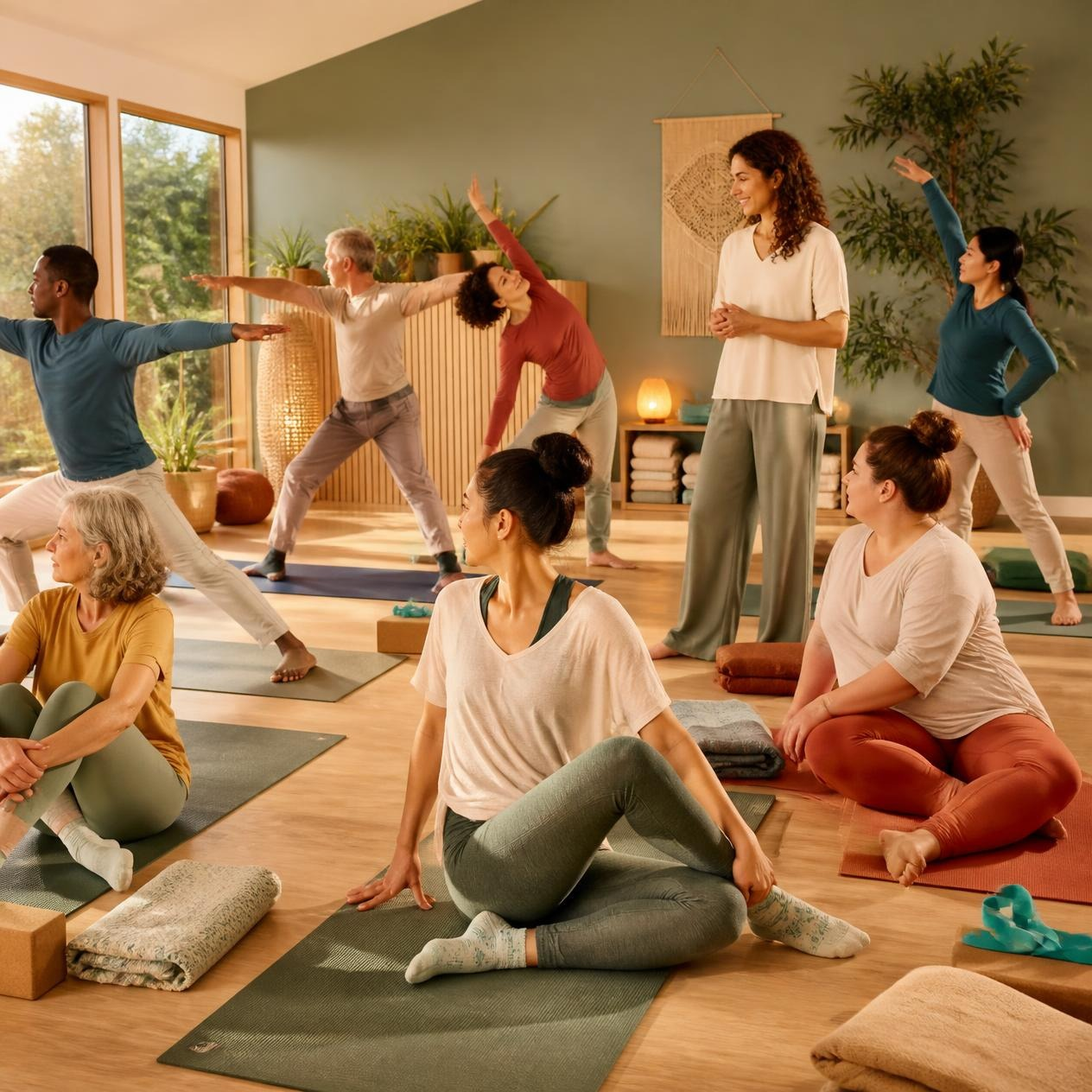 Des personnes suivent un cours de yoga dans un studio baigné de soleil, avec des tapis et des accessoires