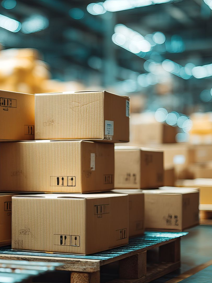 Des cartons de colis sur une palette dans un entrepôt.