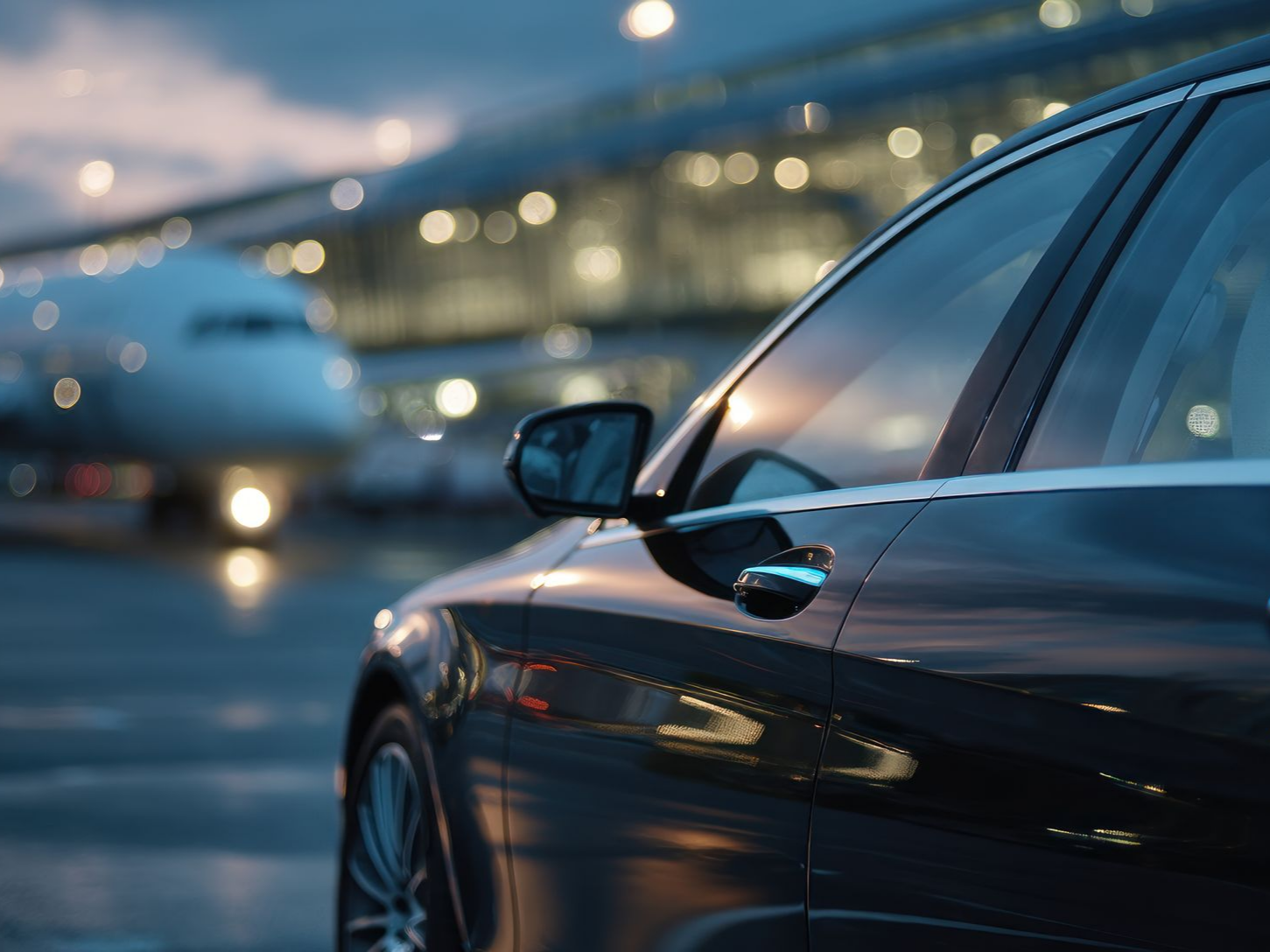Une voiture garée près d'un aéroport, la nuit.