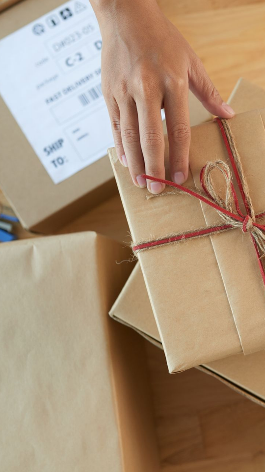 Une main posée sur une pile de colis.