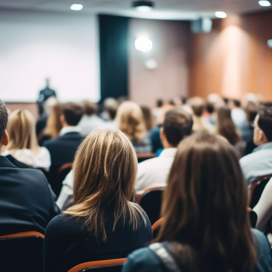Des personnes assises de dos à une conférence.
