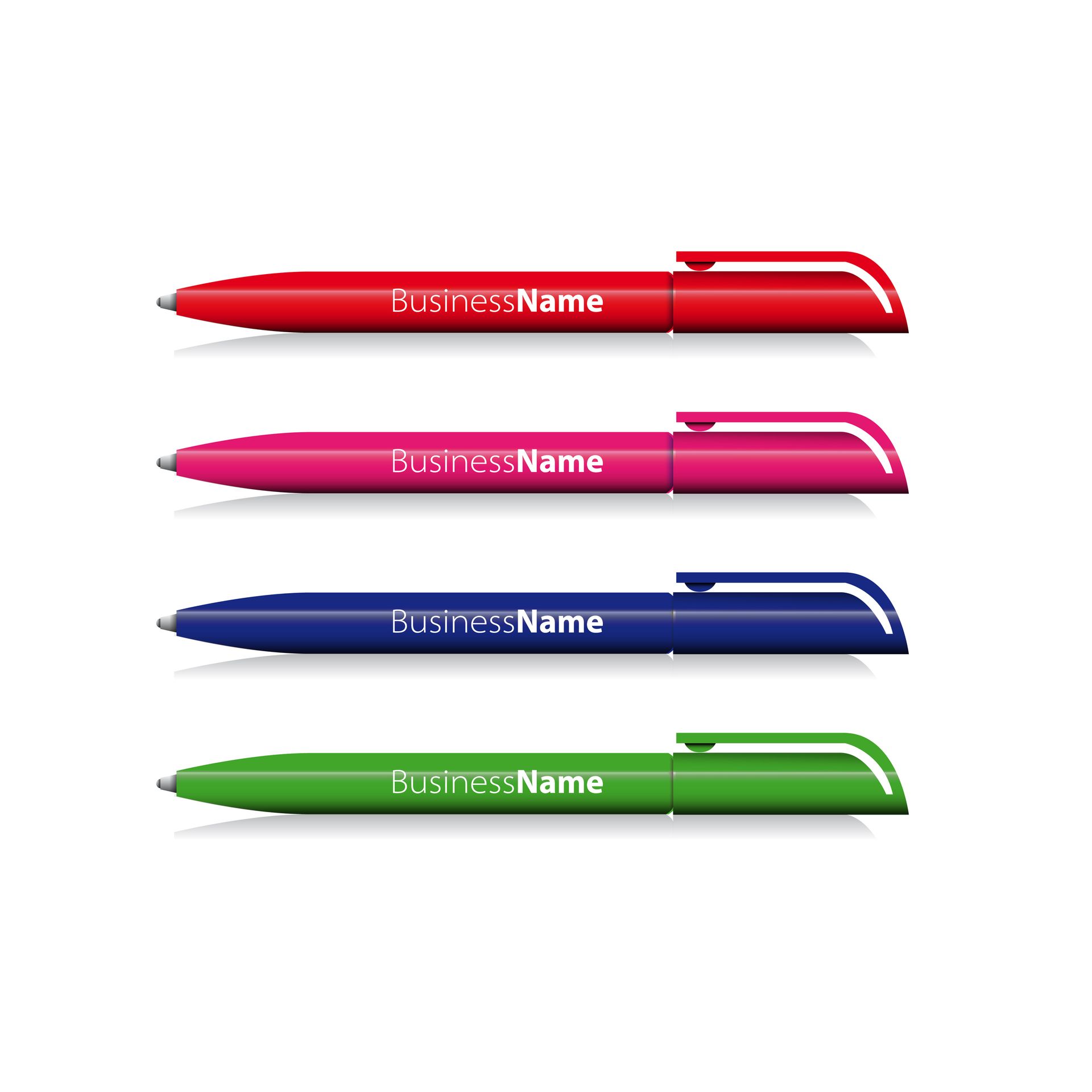 Quatre marqueurs colorés de type stylo, portant le nom d'une entreprise, empilés sur un fond blanc.