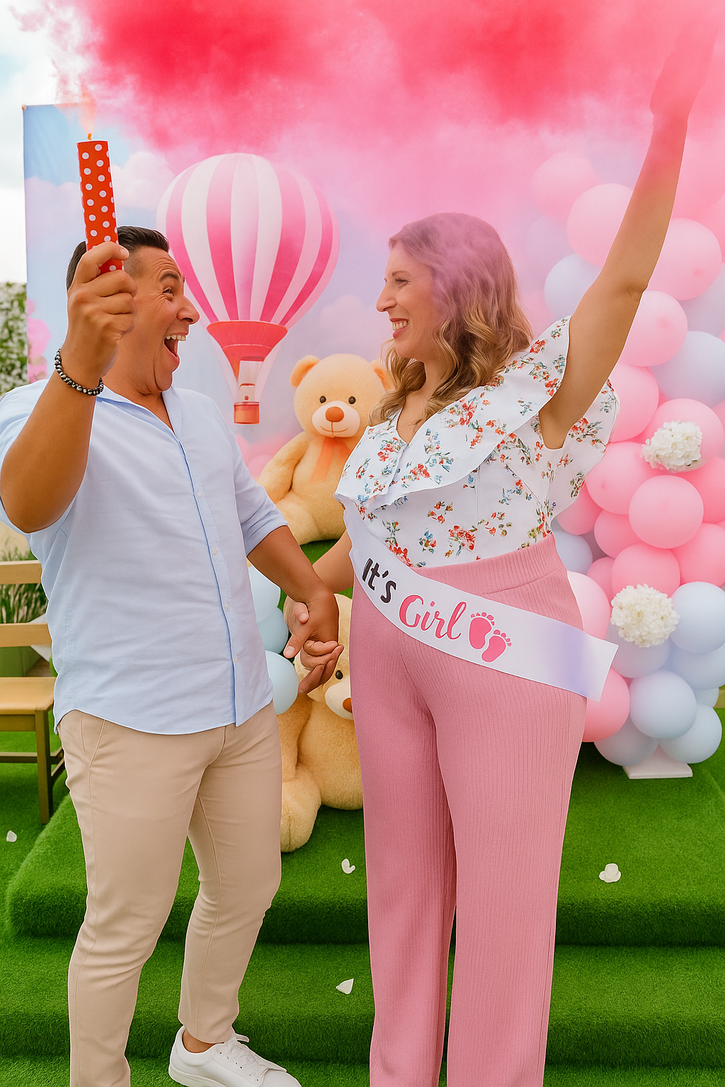 Pareja celebrando la revelación del género de una niña con humo rosa, tomados de la mano, al aire libre con globos y un osito de peluche.