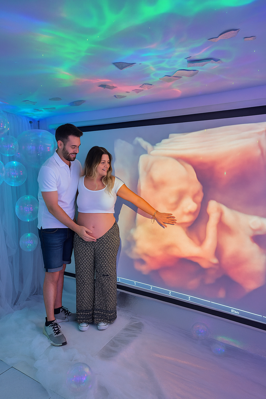 Pareja embarazada admirando una ecografía 3D de su bebé; espectáculo de luces de colores en el techo.