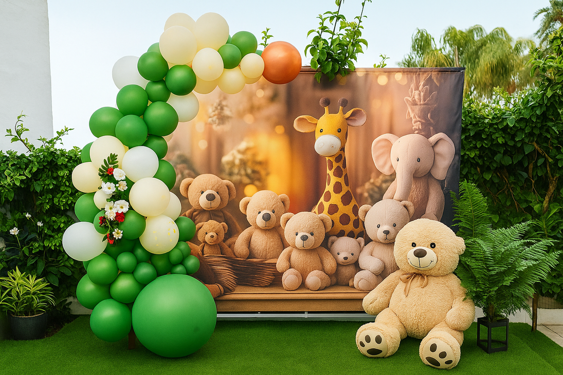 Una fiesta con temática de jungla con un fondo de animales de peluche y un arco de globos en verde, blanco y beige.