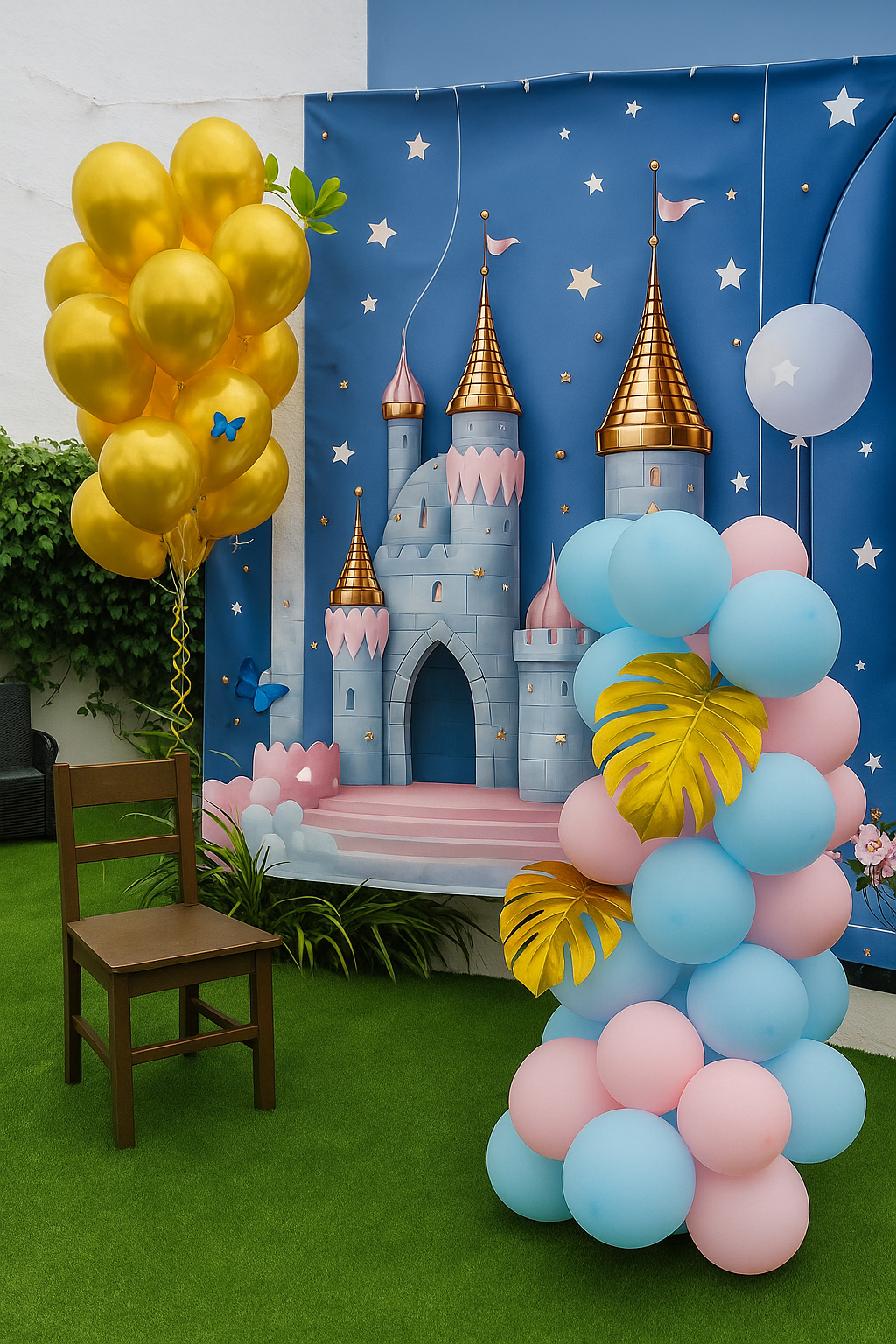 Una escena de fiesta de cumpleaños: globos, un castillo de fondo, una silla y césped.