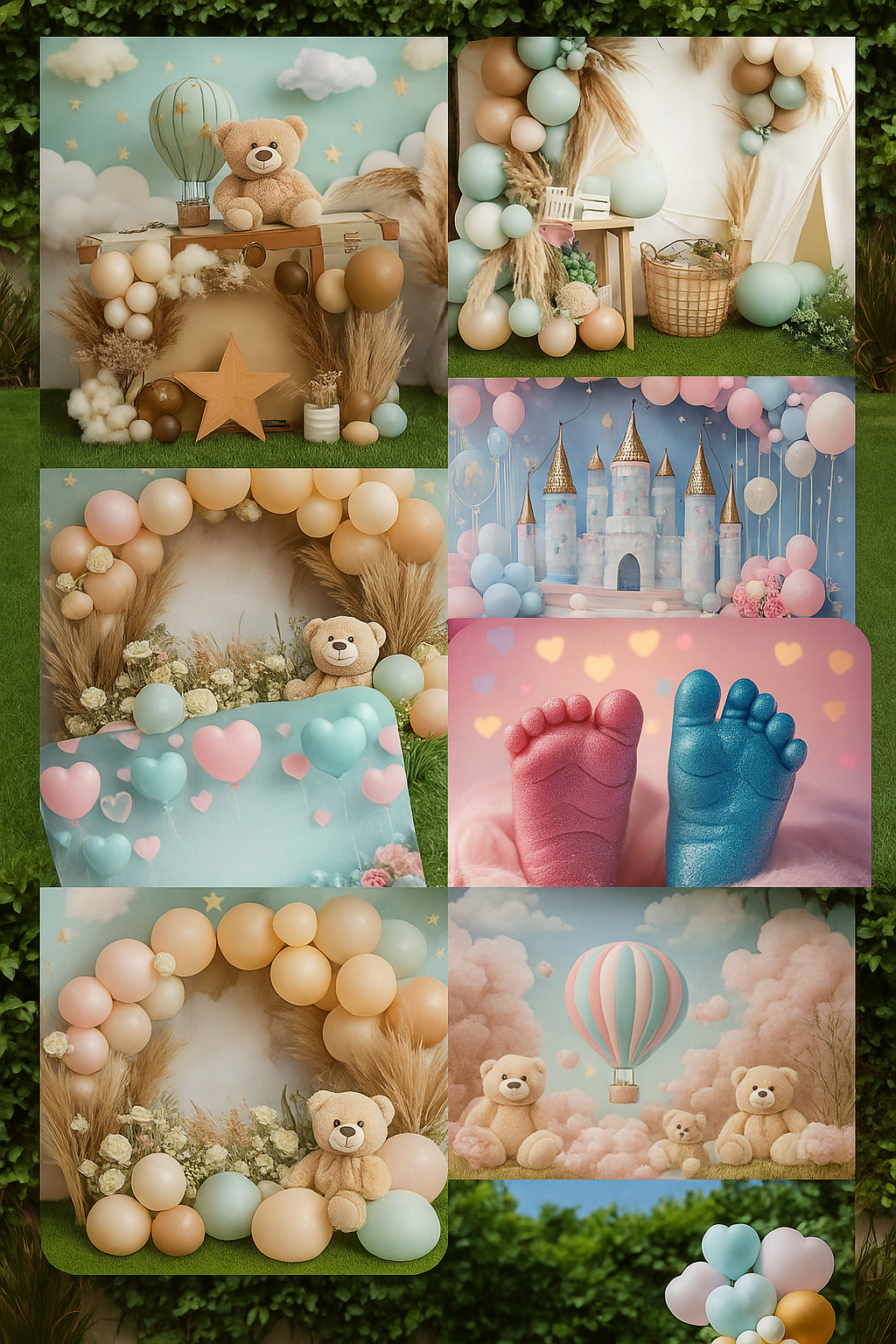 Ocho fondos de fotografía con temática de bebés: globos, ositos de peluche, castillos, pies y arreglos decorativos en colores pastel.