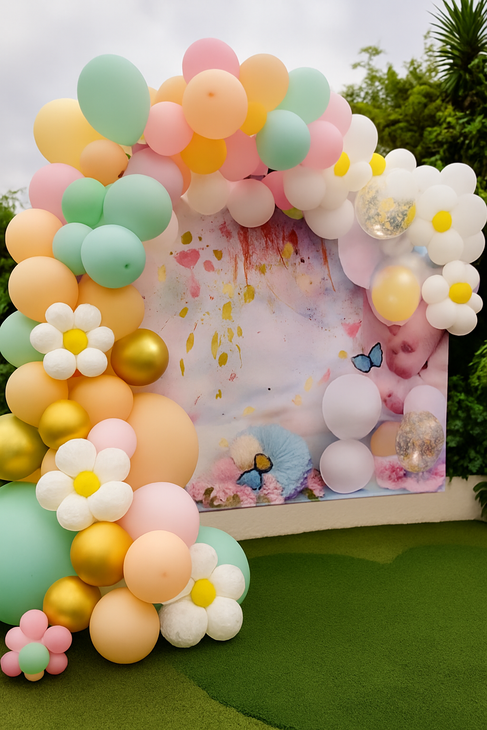 Arco de globos pastel con margaritas enmarca un fondo con flores y mariposas.