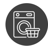Un icono de una lavadora y una cesta de ropa en un círculo.