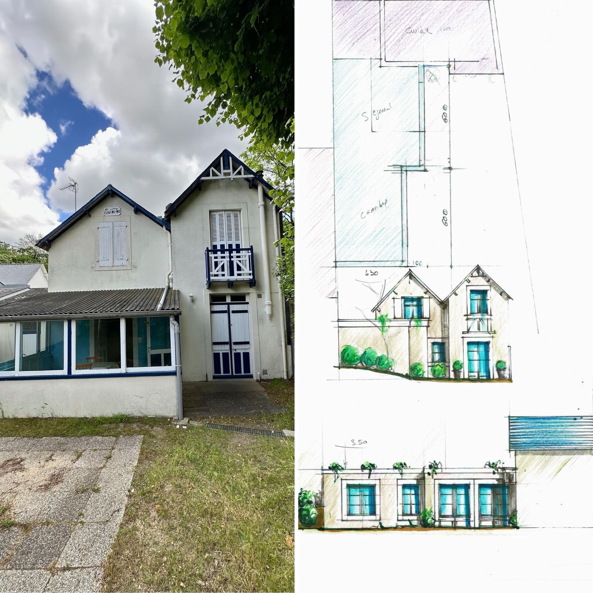 Vue extérieure d'une maison avec plans dessinés en face