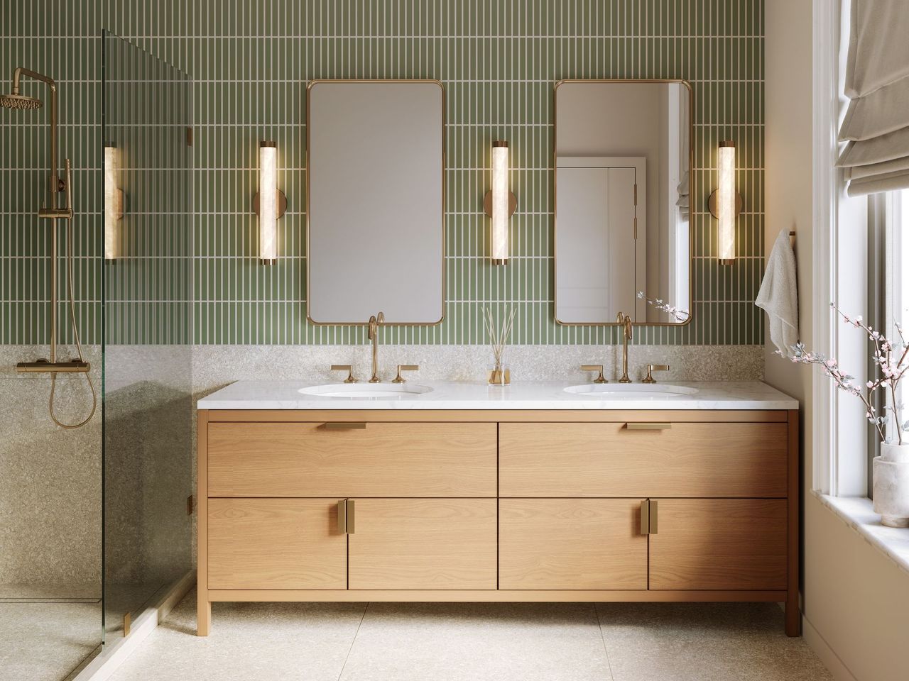 Meuble-lavabo moderne avec double vasque, armoire en bois, miroirs et mur carrelé.