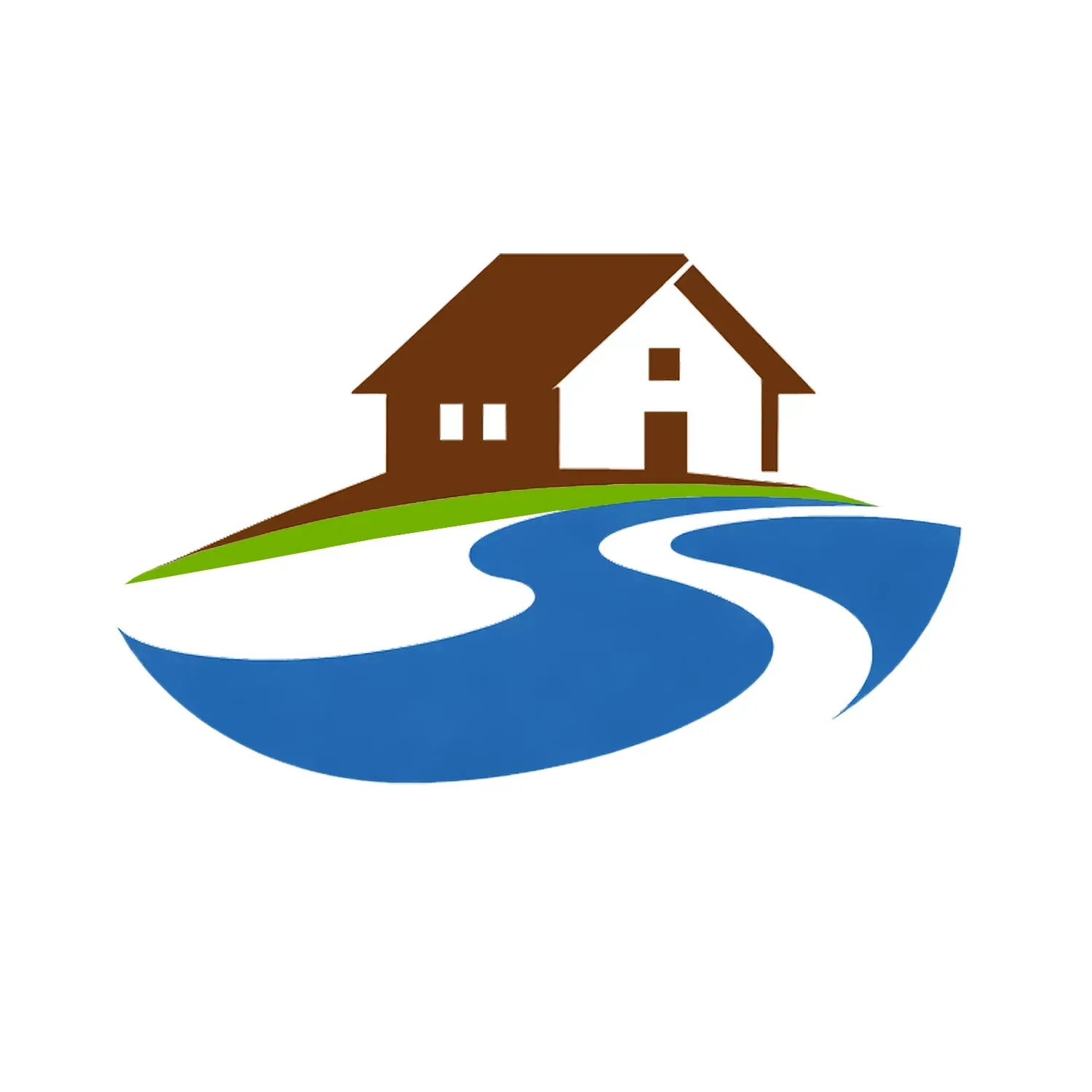Logo Hof Gottesbüren als Mini Icon - braunes Haus mit grünem Streifen im Hintergrund - im Vordergrund blauer Fluss in S-Form mit weißem Weg