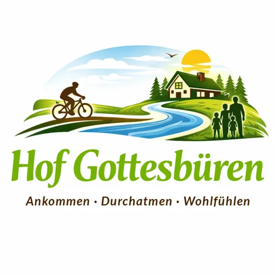 Grafik mit Radfahrer und vierkoepfiger Familie am Hof Gottesbueren direkt am Diemelradweg - Fluss im Vordergrund, Haus im Hintergrund bei Sonnenuntergang - Text unter der Grafik mit den Worten Ankommen · Durchatmen · Wohlfuehlen