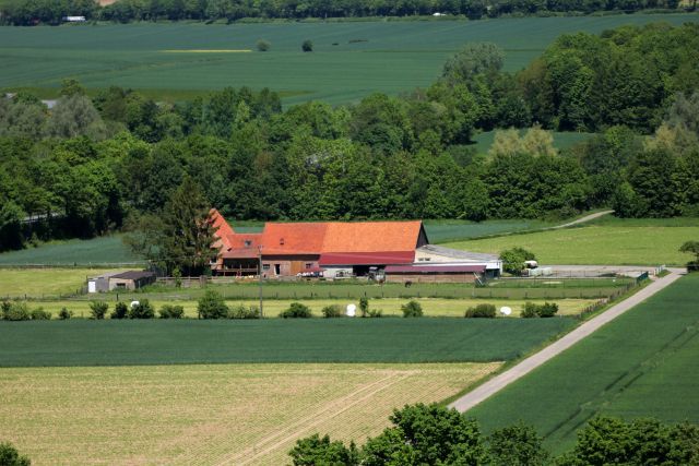 Luftansicht vom Ferienhaus Hof Gottesbüren in Warburg-Germete am Diemelradweg, umgeben von Feldern, Wiesen und Wald