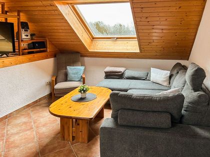 Kaminzimmer mit Couchlandschaft unter einer Dachschraege mit Fenster im Hof Gottesbueren bei Warburg am Diemelradweg