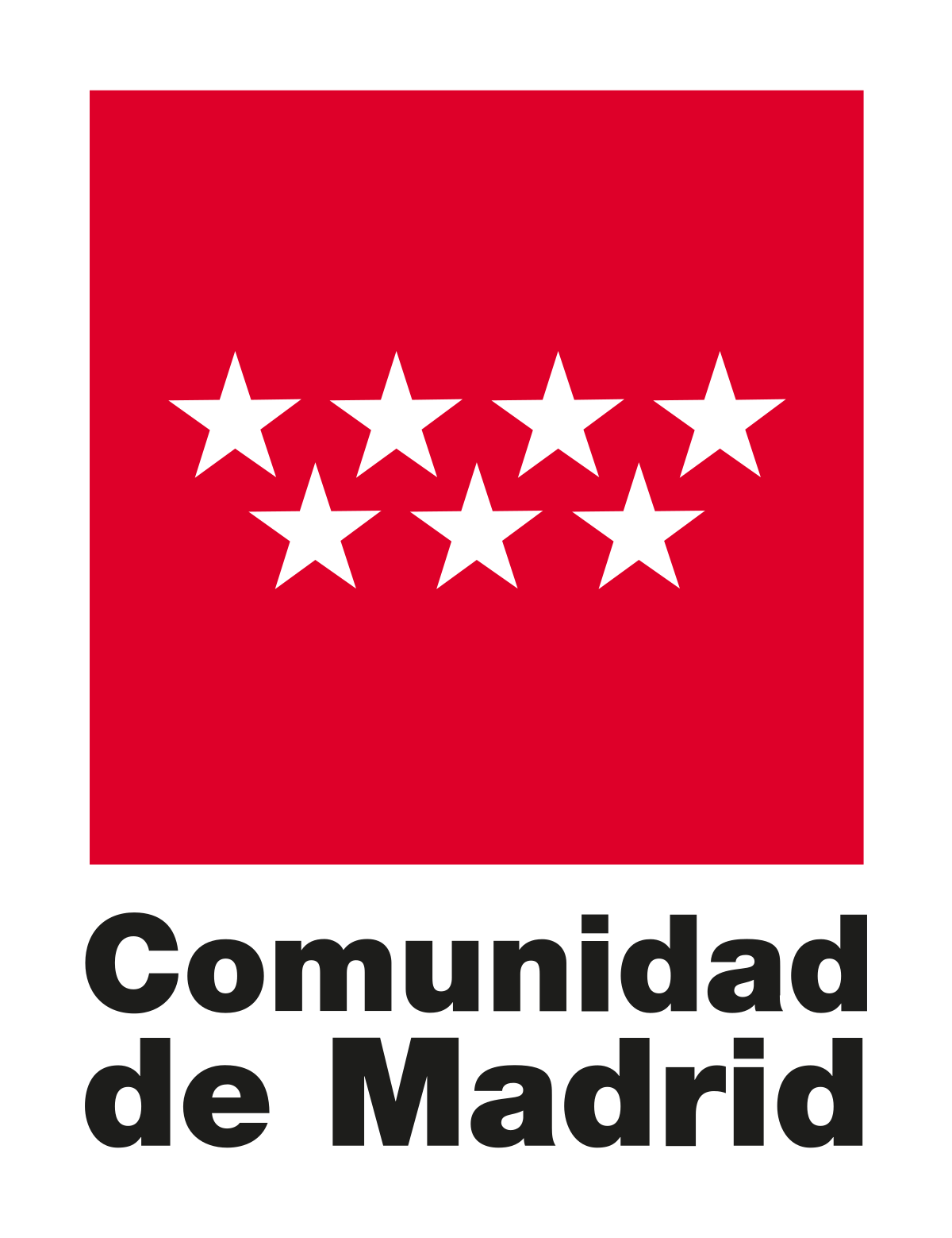 El logotipo de la Comunidad de Madrid es un cuadrado rojo con estrellas blancas.
