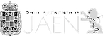 Un logotipo en blanco y negro para Jaén con una corona y un león.