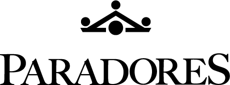 Un logotipo en blanco y negro para paradores con una corona en la parte superior.