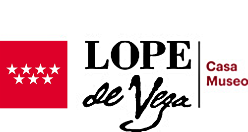 Un logotipo para la casa museo lope de vega con una bandera roja y blanca en el fondo.