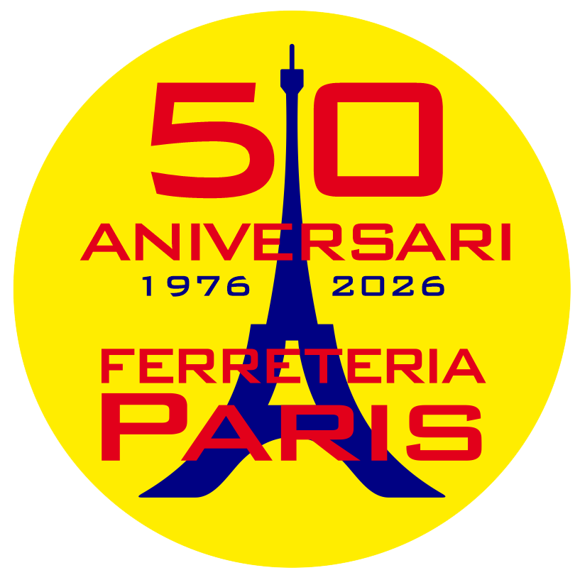 Círculo amarillo con texto rojo: "50 Aniversari 1976-2026. Ferreteria Paris", con una silueta azul de la Torre Eiffel.