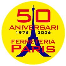 C&iacute;rculo amarillo con texto rojo: "50 Aniversari 1976-2026. Ferreteria Paris", con una silueta azul de la Torre Eiffel.