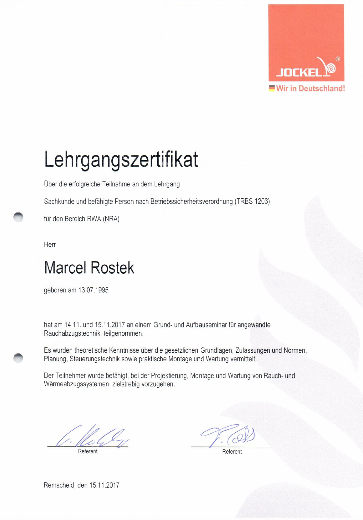 Zertifikat - Brandschutz Rostek