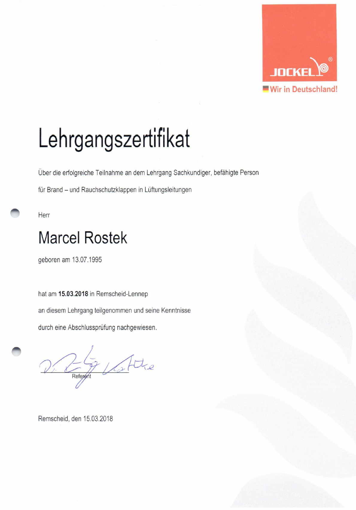 Zertifikat - Brandschutz Rostek