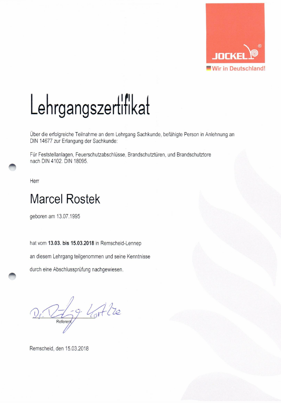 Zertifikat - Brandschutz Rostek