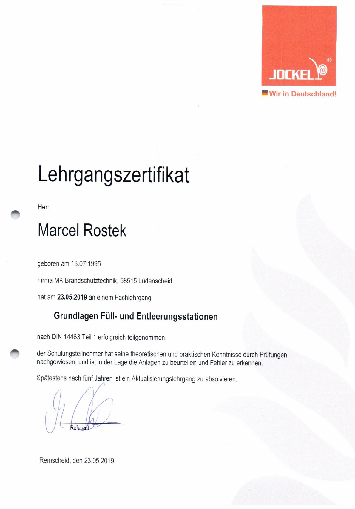 Zertifikat - Brandschutz Rostek