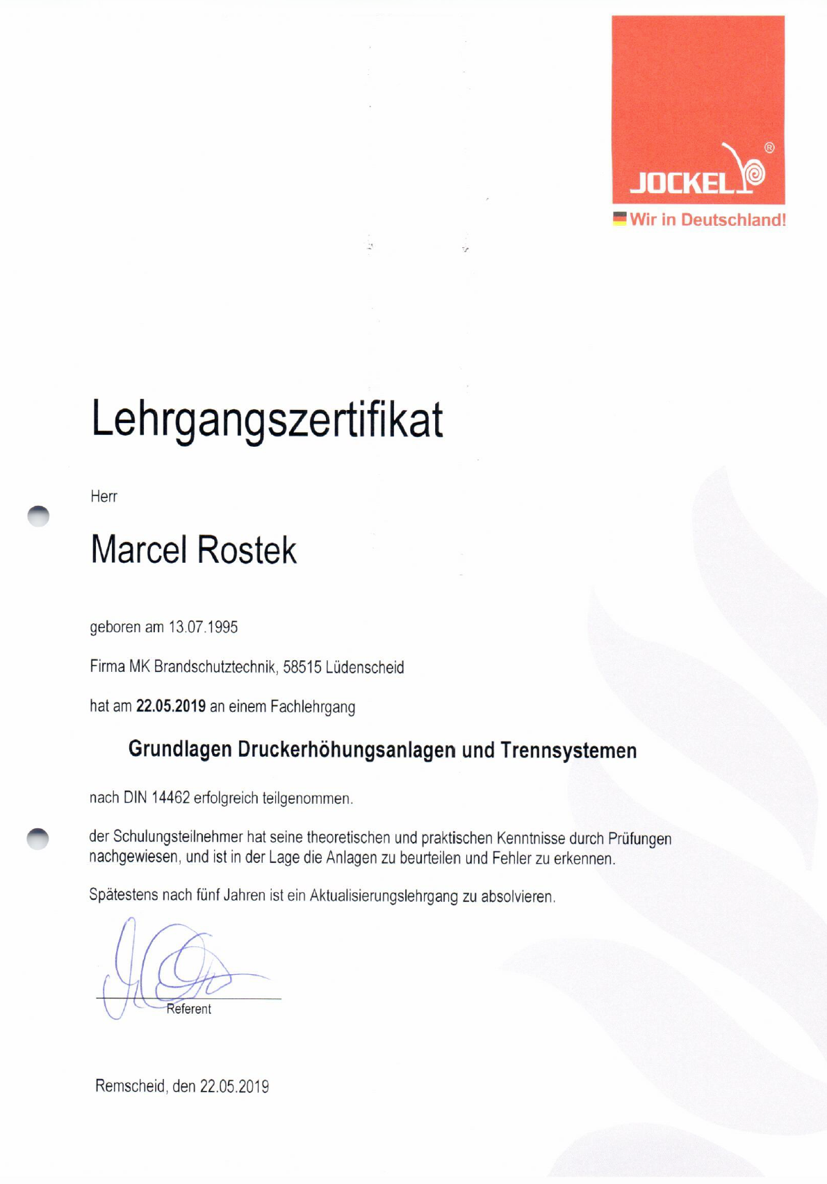 Zertifikat - Brandschutz Rostek