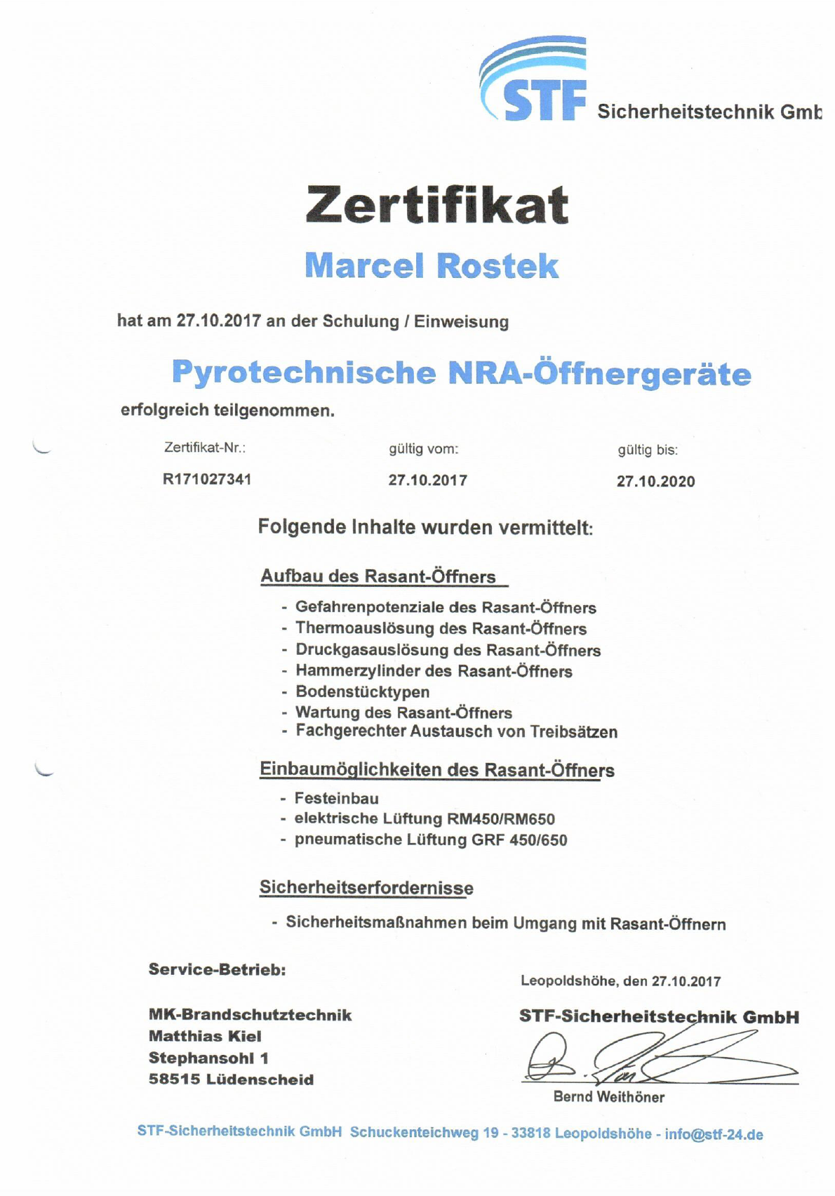 Zertifikat - Brandschutz Rostek