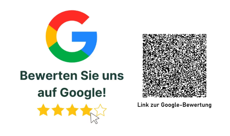 Google-Bewertung mit QR-Code und „Bewerten Sie uns auf Google!“, fünf Sternen darunter