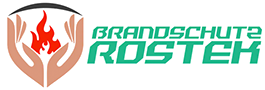 Brandschut ROSTEH-Logo mit roter Flamme über stilisierten hellbraunen Händen und grünem Text