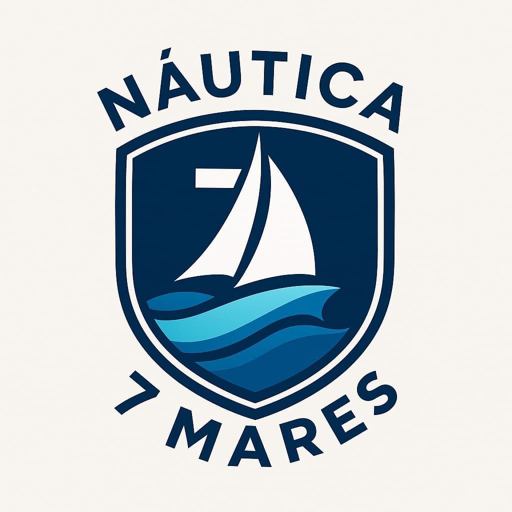Logotipo náutico: escudo azul con velero sobre olas, texto "Náutica 7 Mares" arriba y abajo.