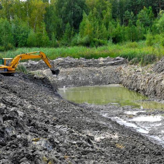 Bagger auf Matsch umgeben von etwas Wasser