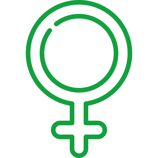 Eine grüne Strichzeichnung eines weiblichen Symbols auf weißem Hintergrund.