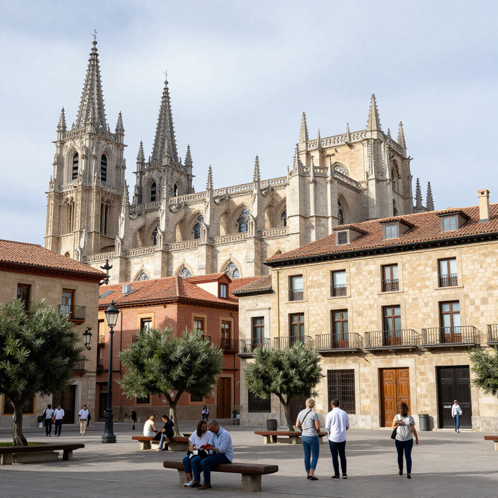 Catedral histórica que se alza sobre una plaza del pueblo con gente caminando y sentada cerca de edificios de tejados rojos.