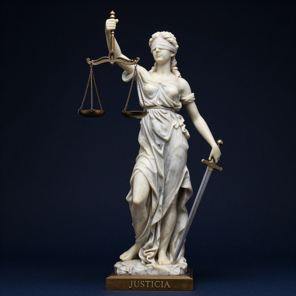 Estatua de la Dama de la Justicia sosteniendo una balanza y una espada sobre un pedestal con la inscripción “Justicia”.