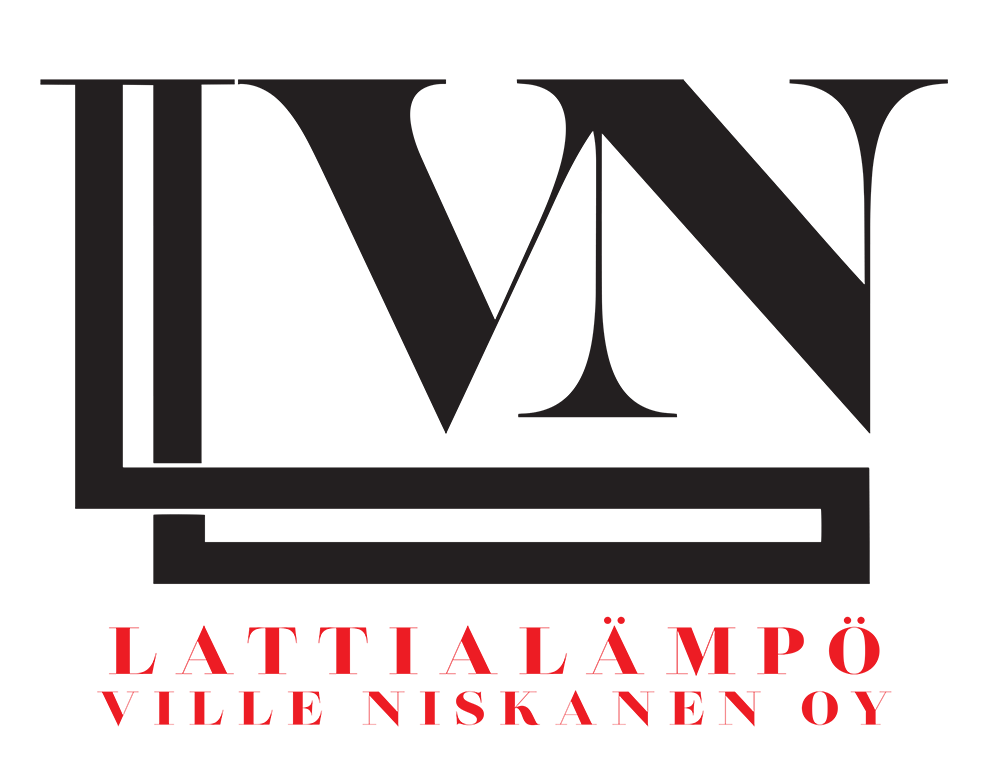 Black logo with "LW" letters and company name "Lattial&auml;mp&ouml; Ville Niskanen Oy" in red.