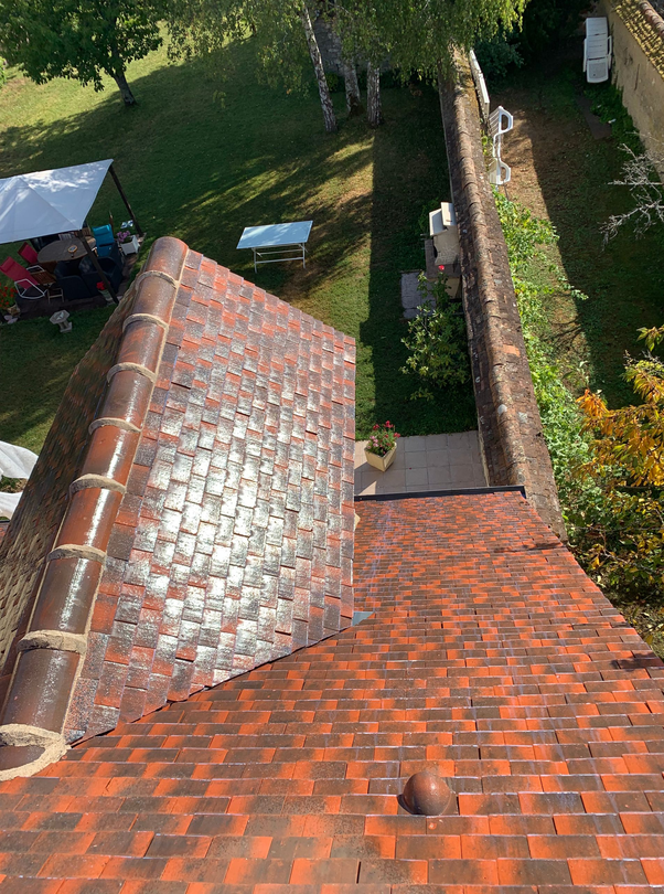 Vue depuis les toits avec des toits de tuiles rouges, un mur de briques et un étroit chemin de jardin herbeux en contrebas.