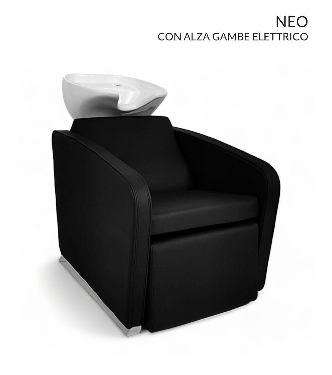 Una silla negra con un lavabo blanco encima.