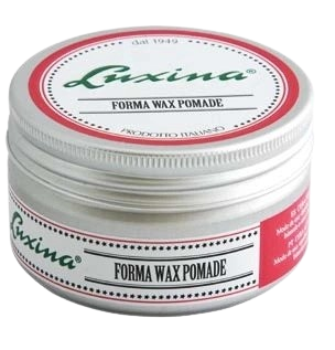 Una lata de pomada de cera Luxina Forma sobre un fondo blanco.