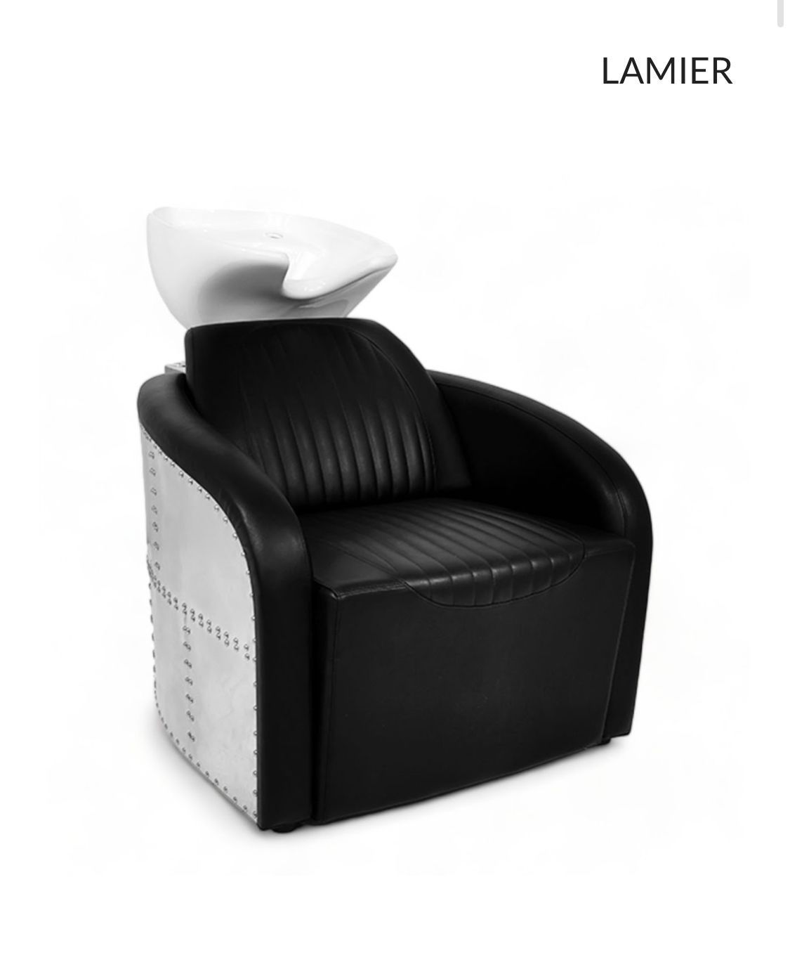 Una silla en blanco y negro con la palabra lamier escrita en ella