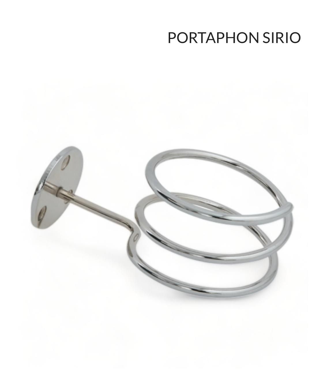 Un soporte para secador de pelo de acero inoxidable con tres espirales sobre un fondo blanco.