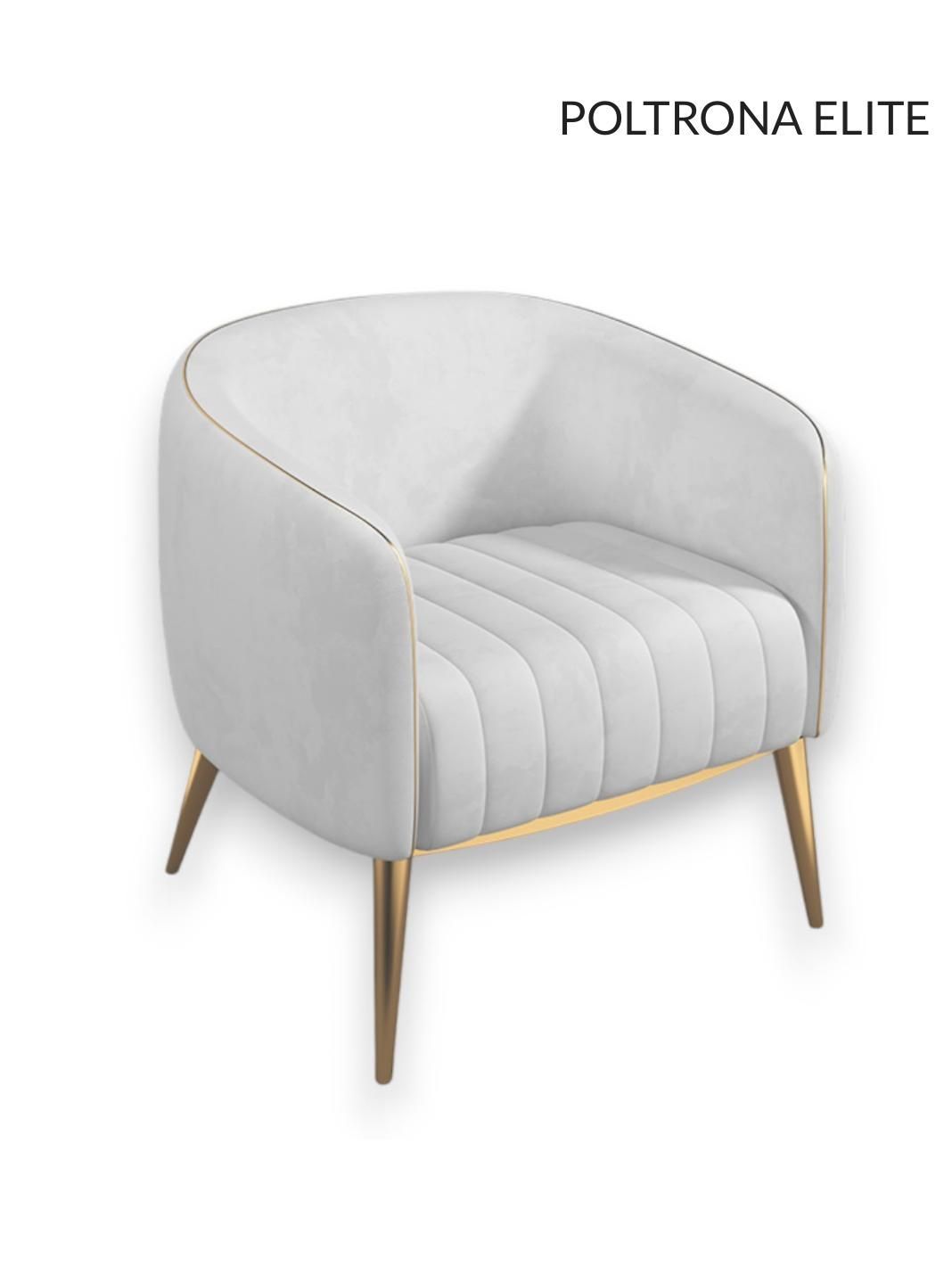 Una silla blanca con patas doradas sobre un fondo blanco.