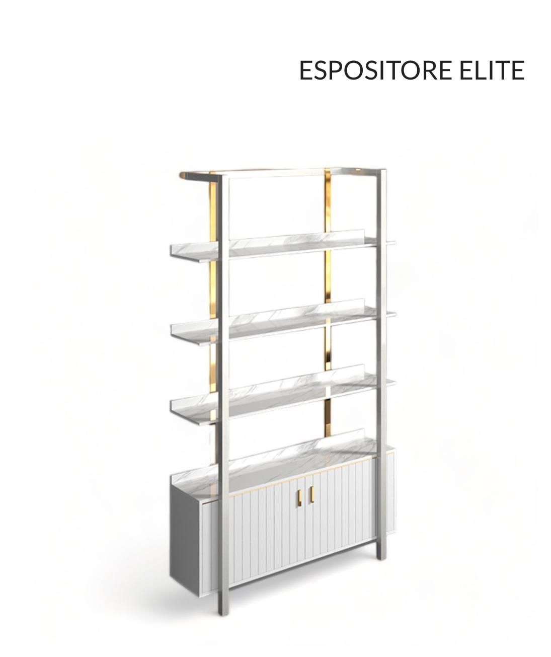 Un estante blanco con un armario debajo sobre un fondo blanco.